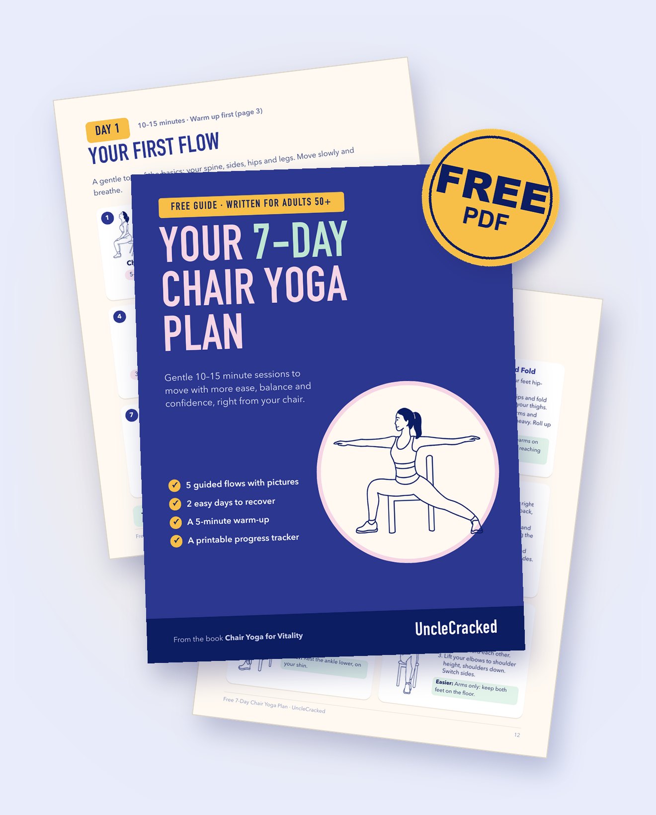 The free 7-Day Chair Yoga Plan: the cover, the Day 1 flow and the pose guide pages